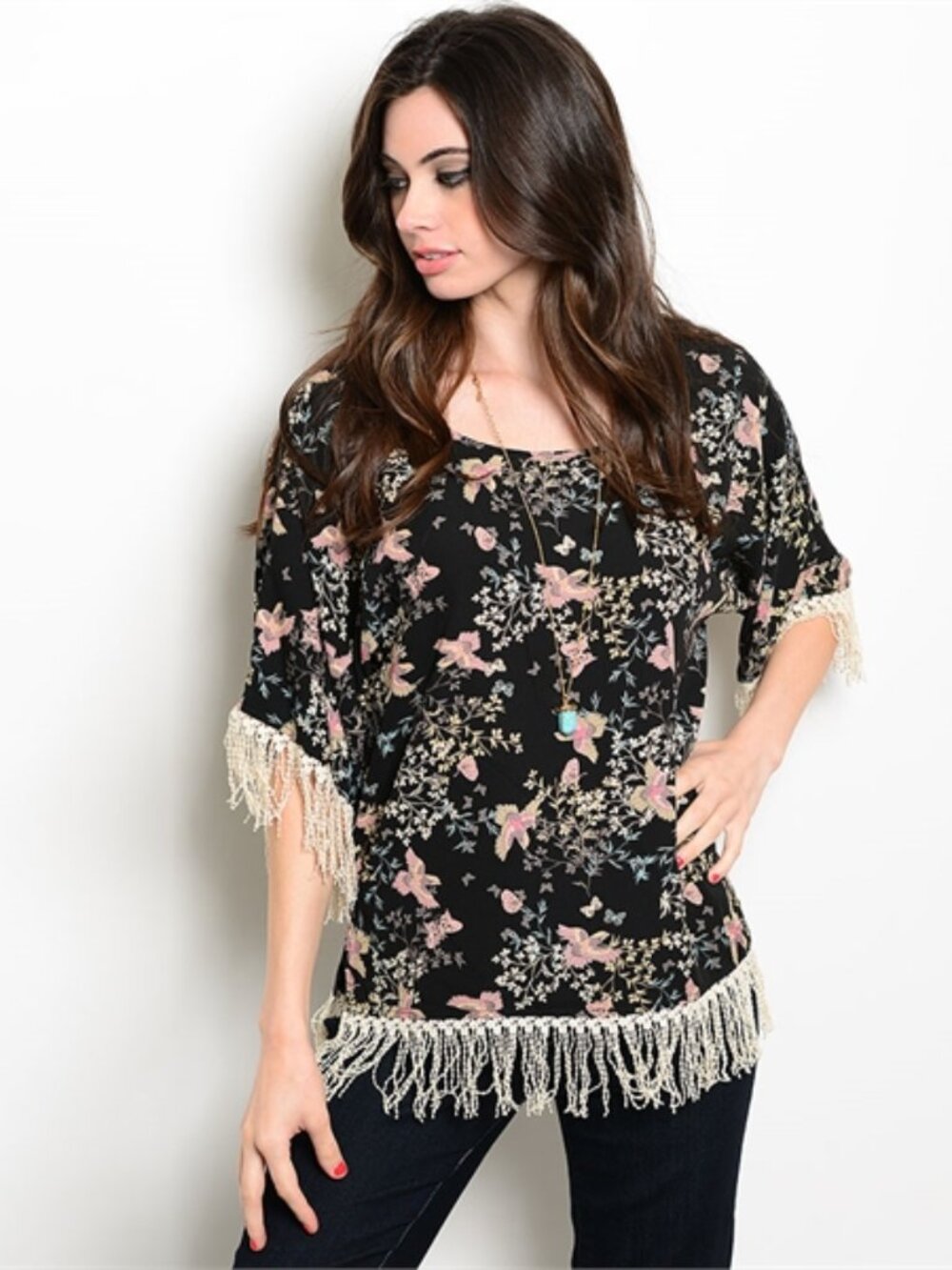 Fringe Top Women Floral Bird Pattern 3/4 Sleeve Open Back, Black Pink